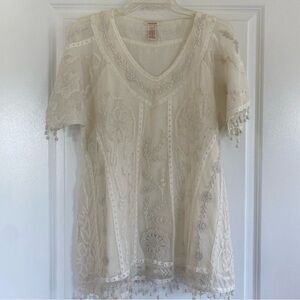 Sundance Top L Cream Lace Sheer Short-Sleeve Embroidered Pullover Blouse Lined